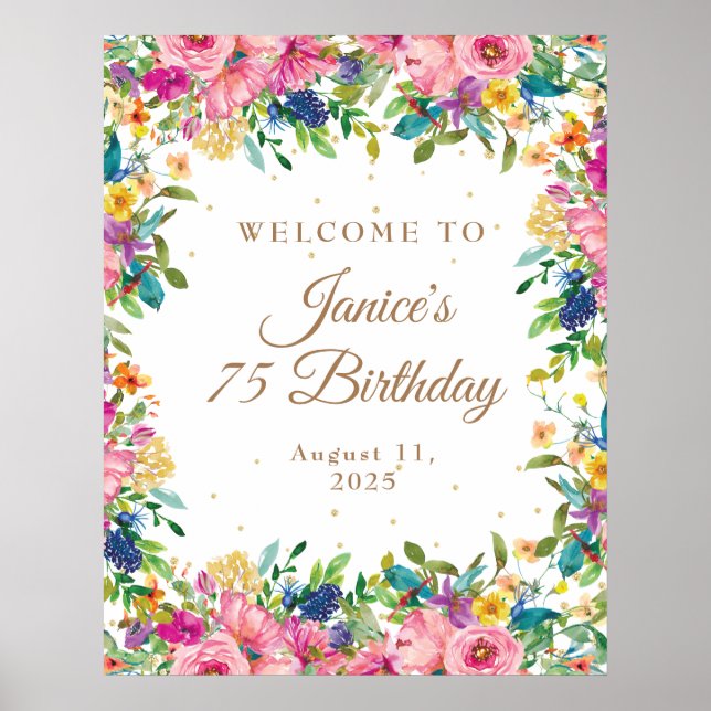 Pink Floral Gold Glitter 75th Birthday Welcome  Poster (Framsidan)