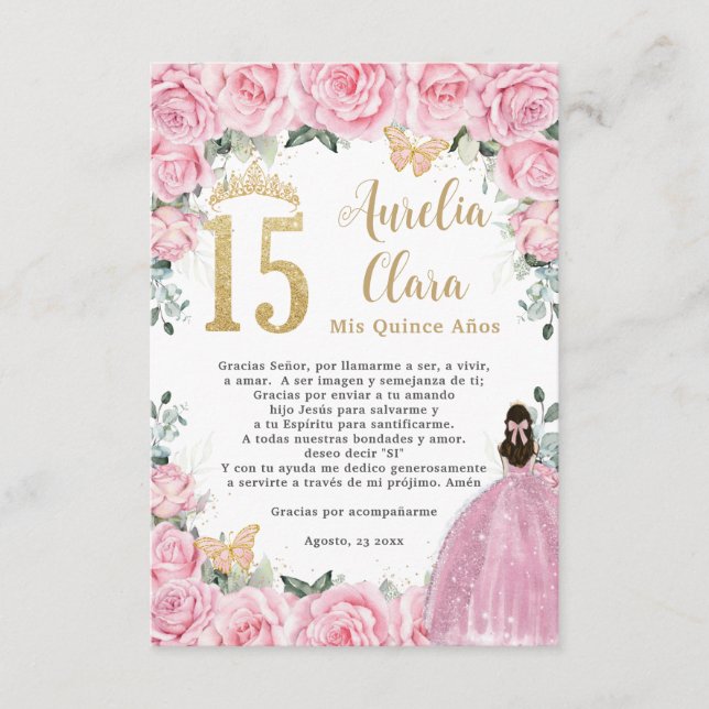 Pink Floral Gold Quinceañera Quince 15 Prayer Card Tilläggskort (Framsida)