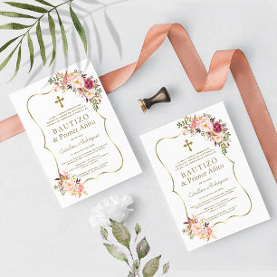 Pink Floral Gold Spanish Girl 1st Birthday Baptism Inbjudningar