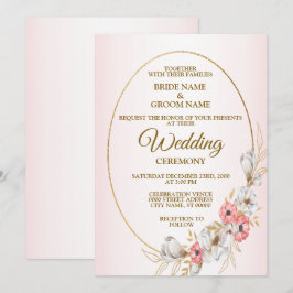 Pink Floral Golden Geometric Peach Wedding Inbjudningar