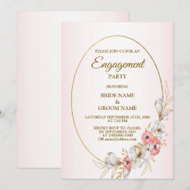 Pink Floral Golden Peach Modern Engagement Party Inbjudningar