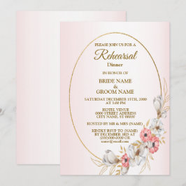 Pink Floral Golden Peach Wedding Rehearsal Dinner Inbjudningar