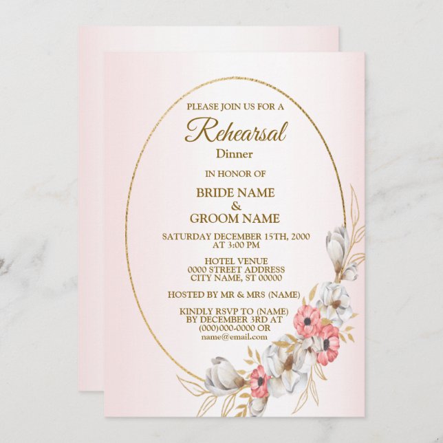 Pink Floral Golden Peach Wedding Rehearsal Dinner Inbjudningar (Fram/baksida)
