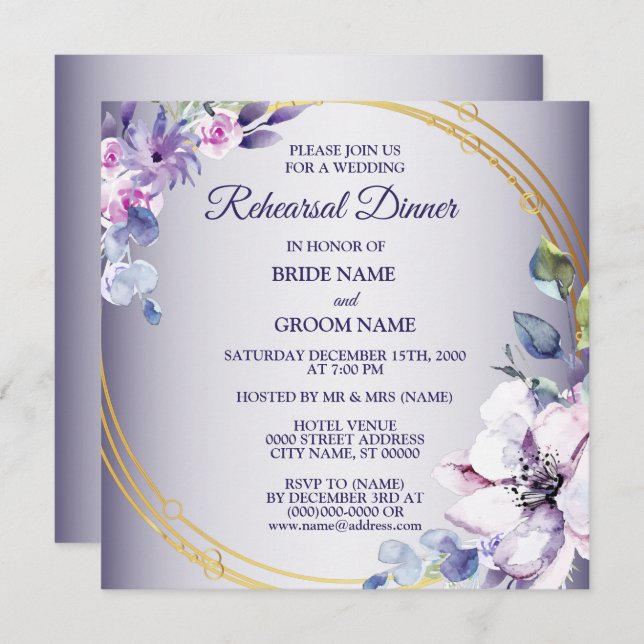 Pink Floral Golden Purple Wedding Rehearsal Dinner Inbjudningar (Fram/baksida)