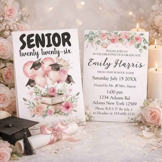 Pink Floral Graduation Party Invitation Kort (Skapare uppladdad)