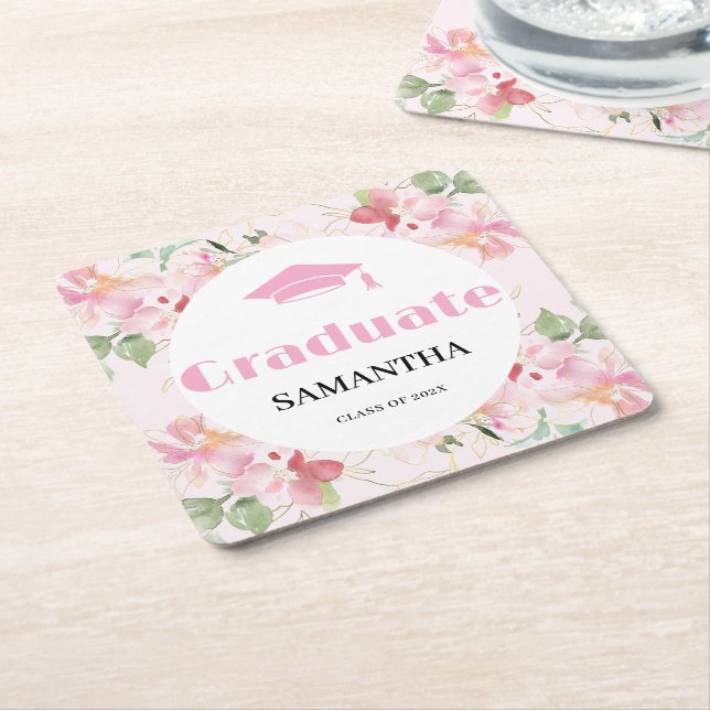 Pink Floral Graduation  Underlägg Papper Kvadrat (Vinklad)
