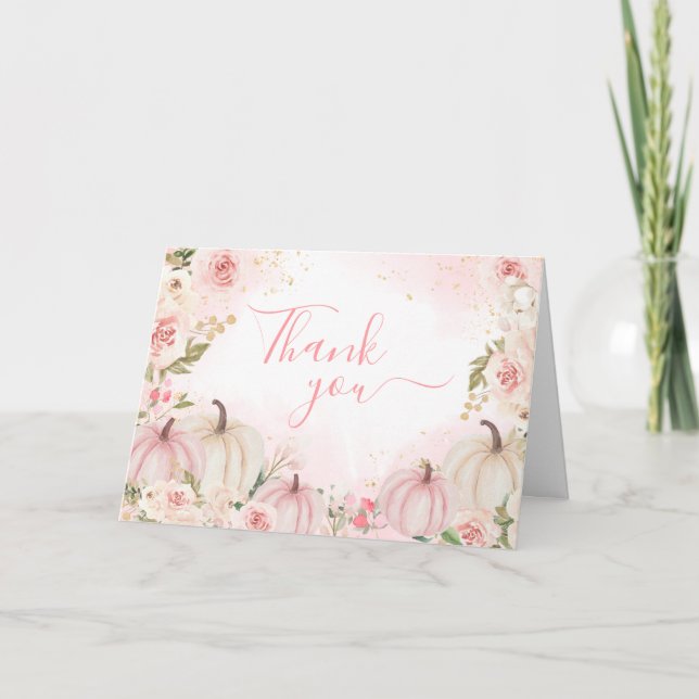 Pink Floral Greenery Little Pumpkin Tack Kort (Framsida)