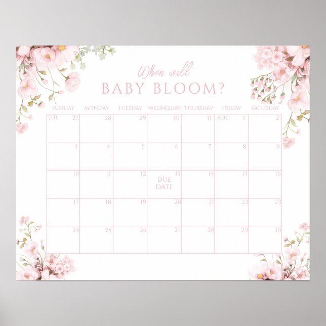 Pink Floral Guess Due Date Baby Girl Bloom Poster (Framsidan)