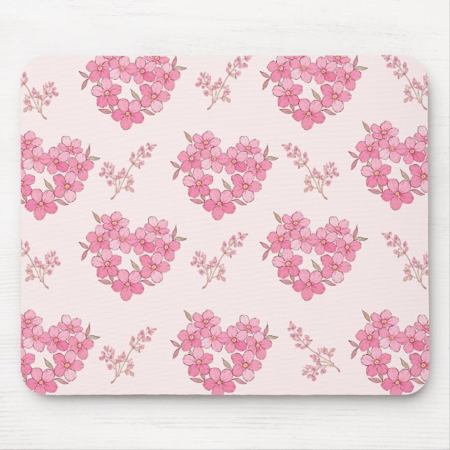 Pink Floral Hearts Pattern Mousepad Musmatta (Framsidan)