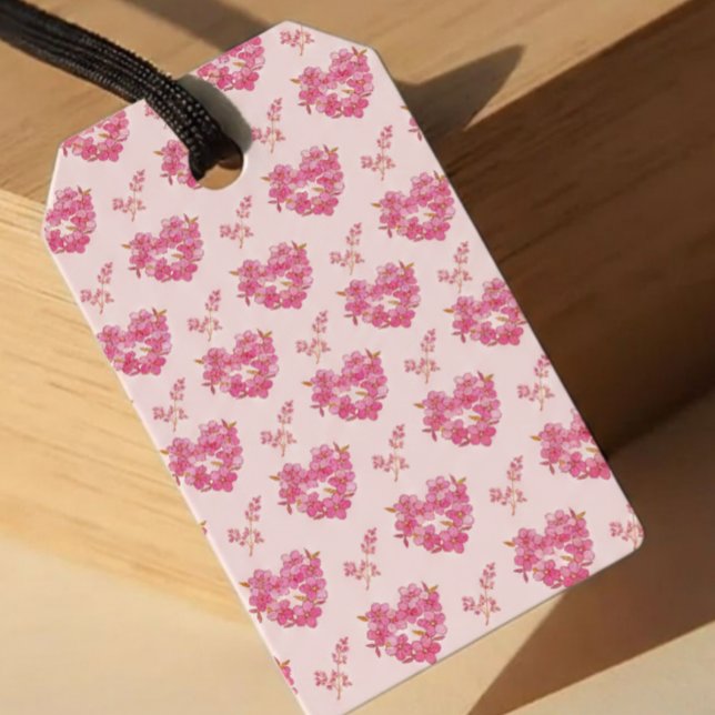 Pink Floral Hearts Pattern Presentetikett (Skapare uppladdad)