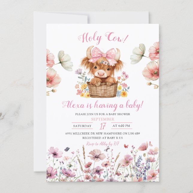 Pink Floral Heifer Bull Baby Shower Invitation Inbjudningar (Framsida)