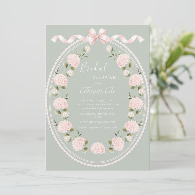 Pink Floral Hydrangea Sage Green Elegant Bridal  Inbjudningar (Stående Fram)