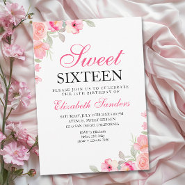 Pink Floral Illustration Sweet Sixteen Inbjudningar