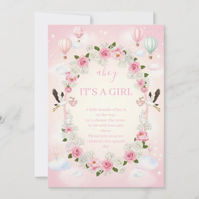 Pink Floral "It's a Girl" Baby Shower Invite  Inbjudningar (Framsida)