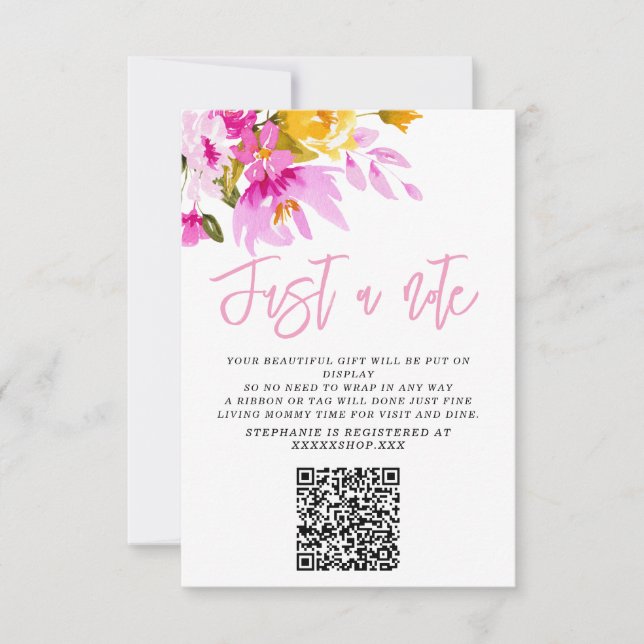 Pink Floral Just a Note Baby Shower Card Inbjudningar (Framsida)