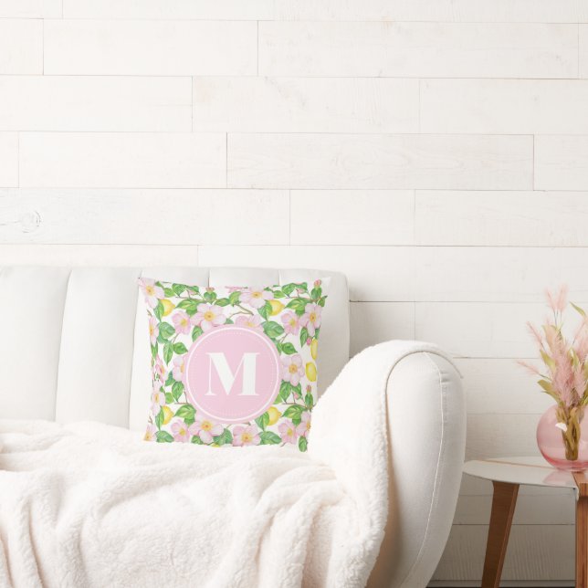 Pink Floral Lemon Pattern Monogram Kudde (Soffa)