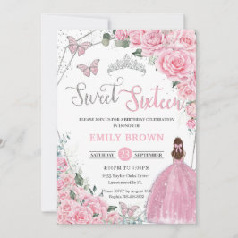 Pink Floral Light Brown Princess Sweet 16 Birthday Inbjudningar