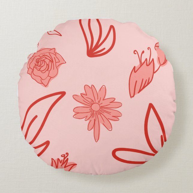Pink Floral Line Art Pattern Rund Kudde (Framsidan)