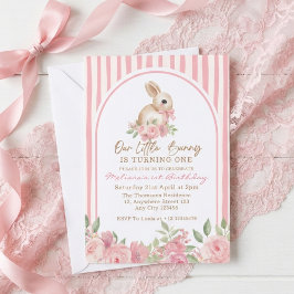 Pink Floral Little Bunny Turning One Birthday  Inbjudningar