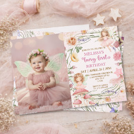 Pink Floral Magical Fairy First Birthday Photo Inbjudningar