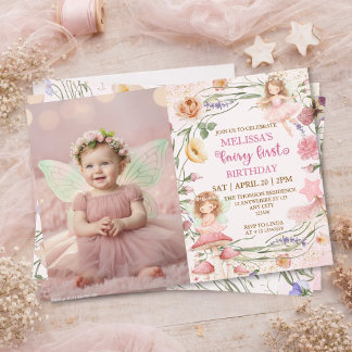 Pink Floral Magical Fairy First Birthday Photo  Inbjudningar