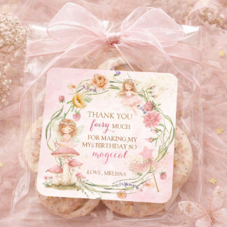 Pink Floral Magical Fairy Garden Girl Birthday    Fyrkantigt Klistermärke