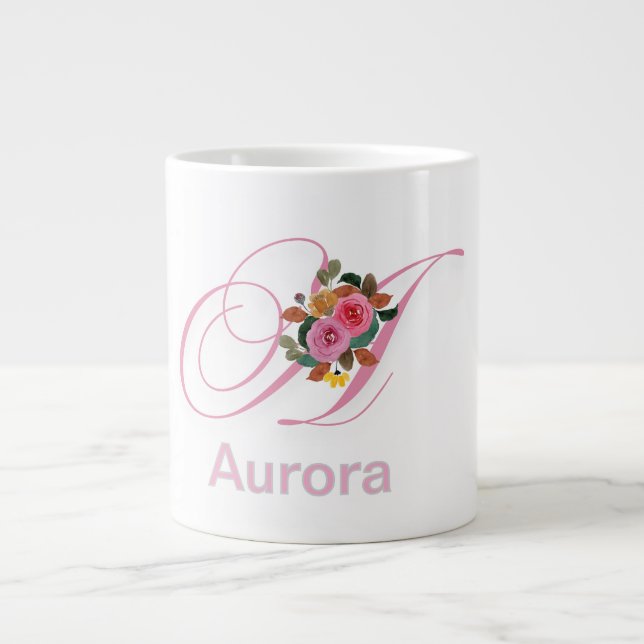 Pink Floral Modern Monogram Initial Letter Jumbo Mugg (Framsidan)
