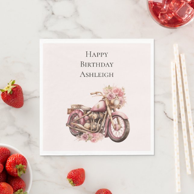 Pink Floral Motorcycle Birthday Pappersservett (Insitu)