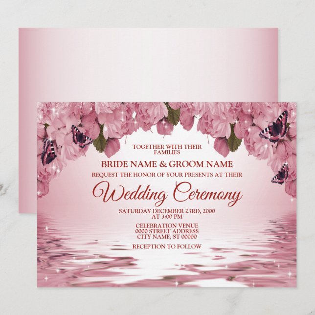 Pink Floral Nature Butterfly Outdoor Wedding Inbjudningar (Fram/baksida)