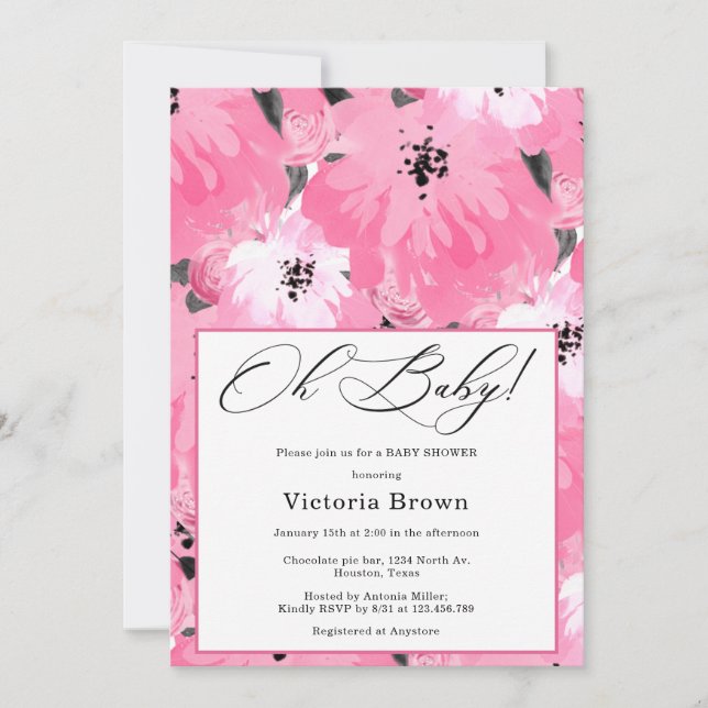 Pink Floral Oh Baby Shower Invitation Inbjudningar (Framsida)