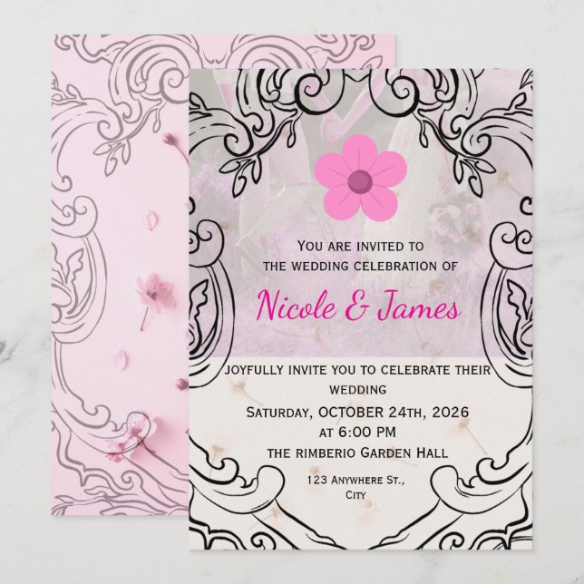 Pink Floral Ornate Elegant Wedding Invitation Inbjudningar (Fram/baksida)