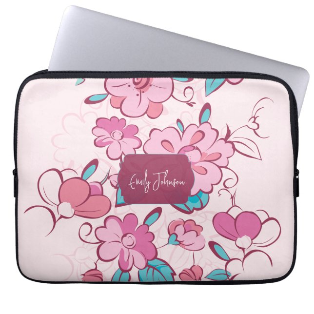 Pink Floral Pattern Name Label Design Custom Name Laptop Fodral (Framsidan)