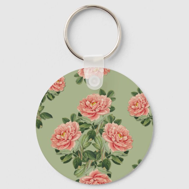 Pink Floral Pattern on Green Background | Seamless Nyckelring (Framsida)