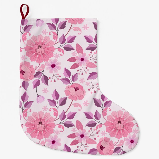 Pink Floral Pattern with Elegant Blossoms Stor Julstrumpa (Framsidan)