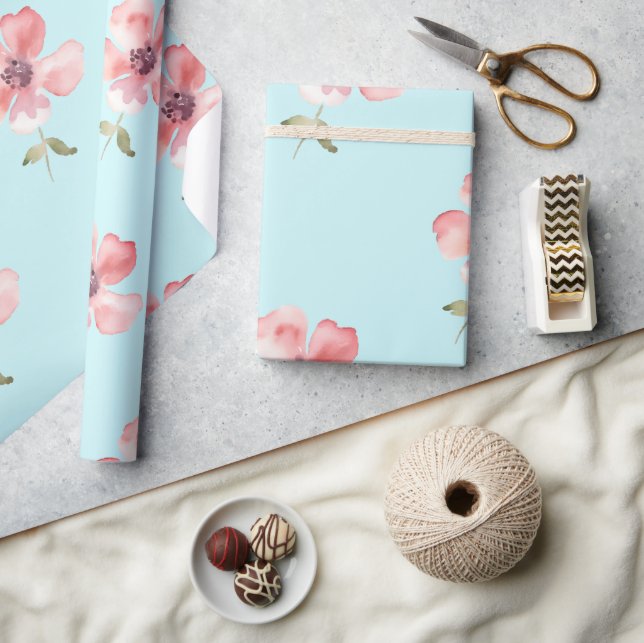 Pink Floral Pattern Wrapping Paper – Soft Blue  Presentpapper (Hantverk)
