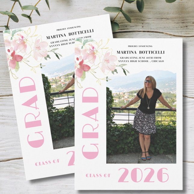 Pink Floral Photo Graduation Announcement Meddelande (Skapare uppladdad)