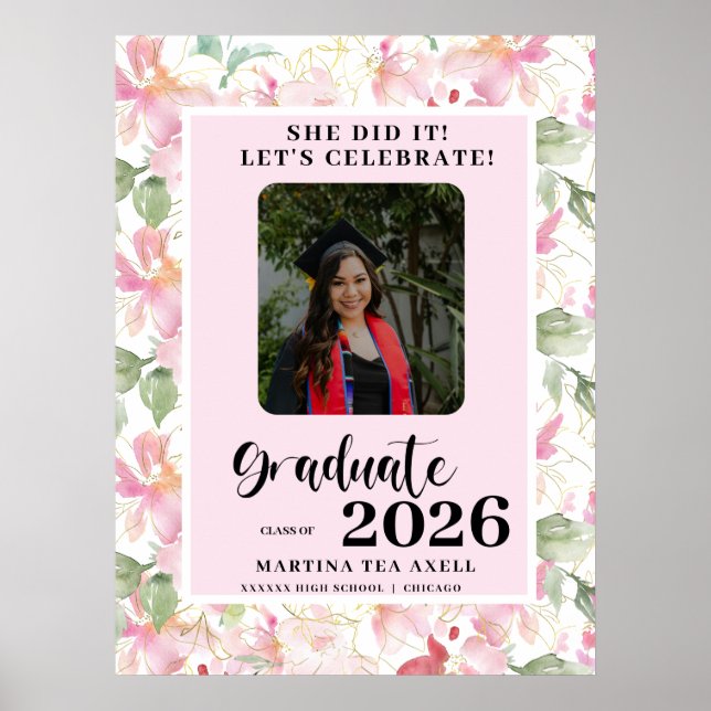 Pink Floral Photo Graduation Party Welcome  Poster (Framsidan)
