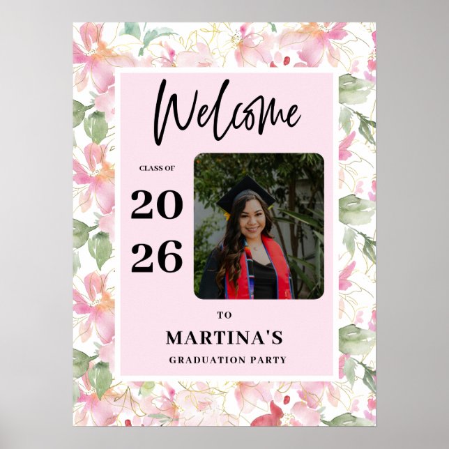 Pink Floral Photo Graduation Party Welcome Sign Poster (Framsidan)