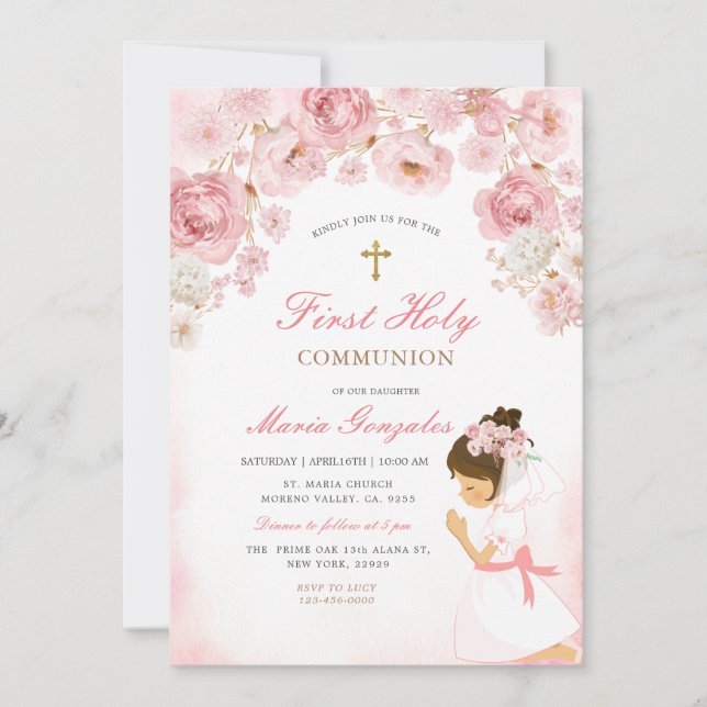 Pink Floral Praying Girl Illustration Gold Cross Inbjudningar (Framsida)