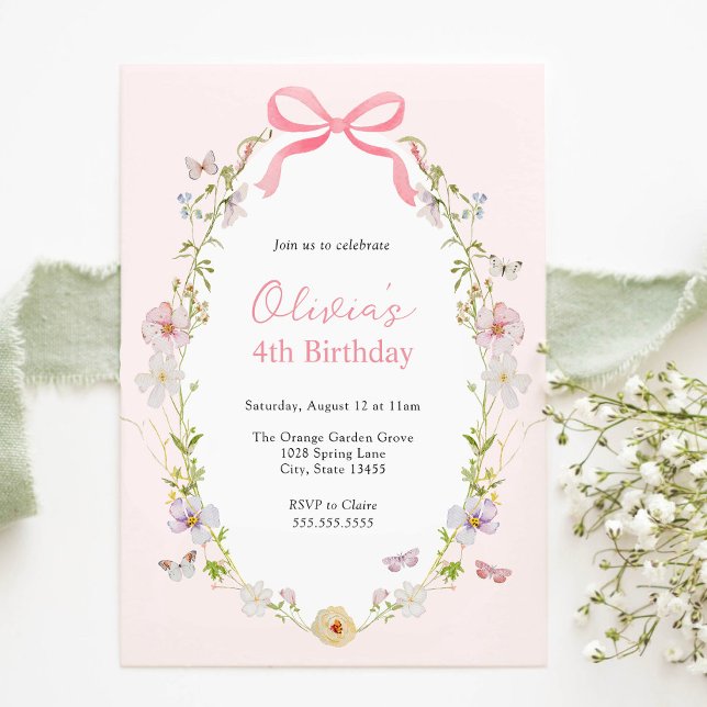 Pink Floral Pretty Bow Birthday Invitation Inbjudningar (Skapare uppladdad)