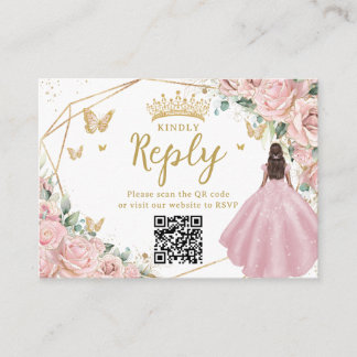 Pink Floral Princess Quinceanera RSVP QR Code Tilläggskort