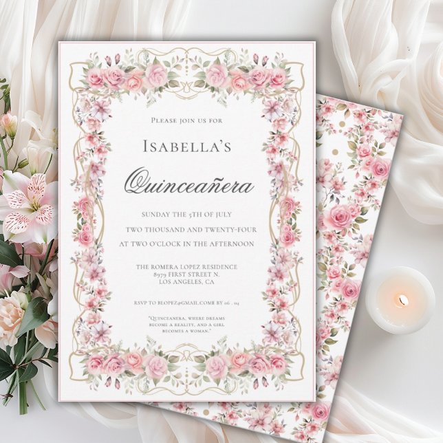 Pink Floral Quinceañera Elegant Celebration 15 Inbjudningar (Skapare uppladdad)