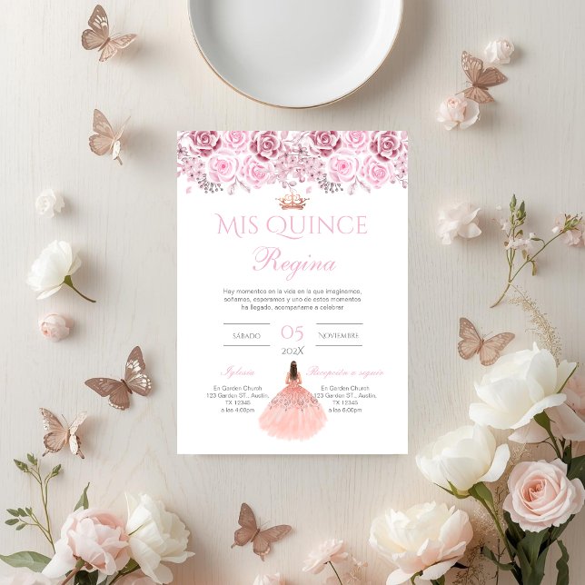 Pink Floral Quinceañera Spanish  Inbjudningar (Skapare uppladdad)
