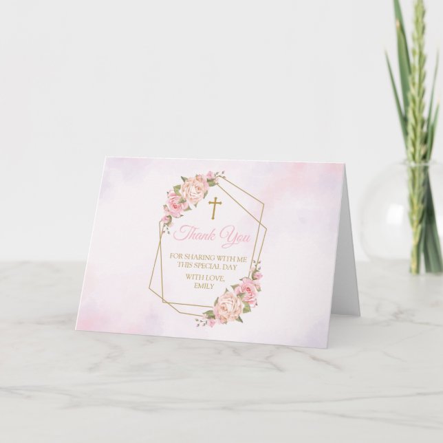 Pink Floral Religious Thank you card Tack Kort (Framsida)