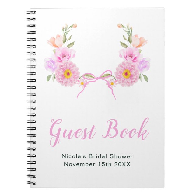 Pink Floral Ribbon Bridal Shower Guest Book Anteckningsbok (Framsidan)