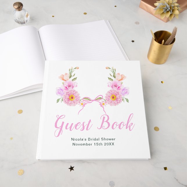 Pink Floral Ribbon Bridal Shower Guest Book Gästböcker (Framsidan öppen)