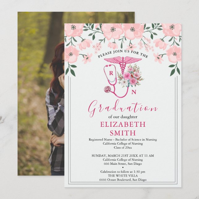 Pink Floral RN Nursing Graduation Invitation | BSN Inbjudningar (Fram/baksida)