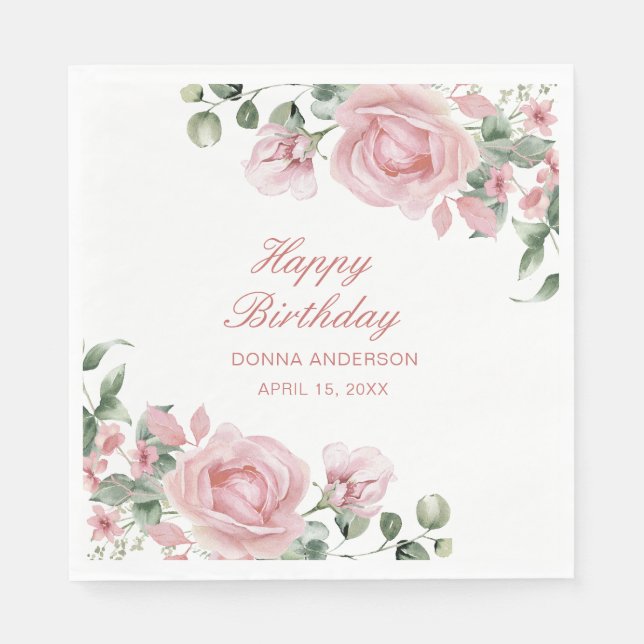 Pink Floral Rose Birthday Party Plate Pappersservett (Framsidan)