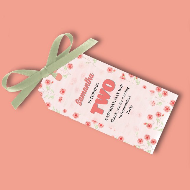 Pink Floral Second Birthday Custom Party Favor Presentetikett (Cute pink floral custom girls birthday party favor tag.)