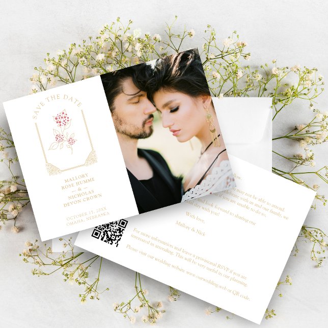 Pink Floral Simulated Dome Arch Wedding in Gold Spara Datumet (Pink Floral Simulated Dome Arch Wedding in Faux Gold Photo in White background Save the Date Card.)